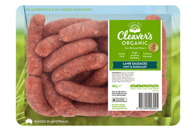 Organic Lamb Mint & Rosemary Sausages - Cleavers Organic 480g *Pre-Frozen*